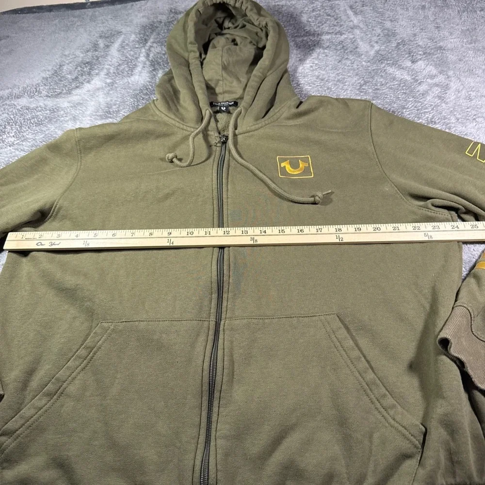 True Religion Mens Olive Green Full Zip Hoodie Gold Logo Sleeve Graphic XL